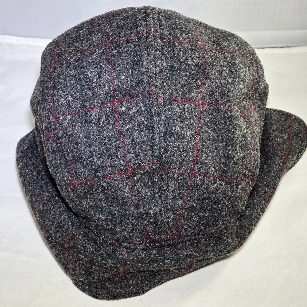 LL Bean Maine‎ Guide Wool Cap Adults XL PrimaLoft Plaid Ear Flaps Gray Red